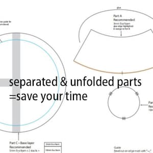 May include: A digital craft template featuring separated and unfolded parts for EVA foam construction. The diagram includes labeled sections Part A, Part B, and Part C with assembly instructions, material recommendations, and the text separated & unfolded parts =save your time.