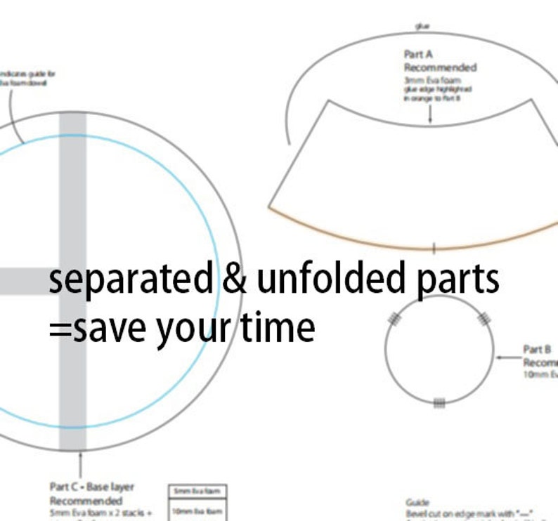 May include: A digital craft template featuring separated and unfolded parts for EVA foam construction. The diagram includes labeled sections Part A, Part B, and Part C with assembly instructions, material recommendations, and the text separated & unfolded parts =save your time.