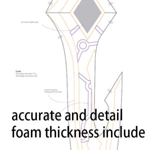 May include: Diagram of a sword-shaped foam prop with detailed instructions for cutting and assembly. The diagram includes measurements and notes for accurate construction.