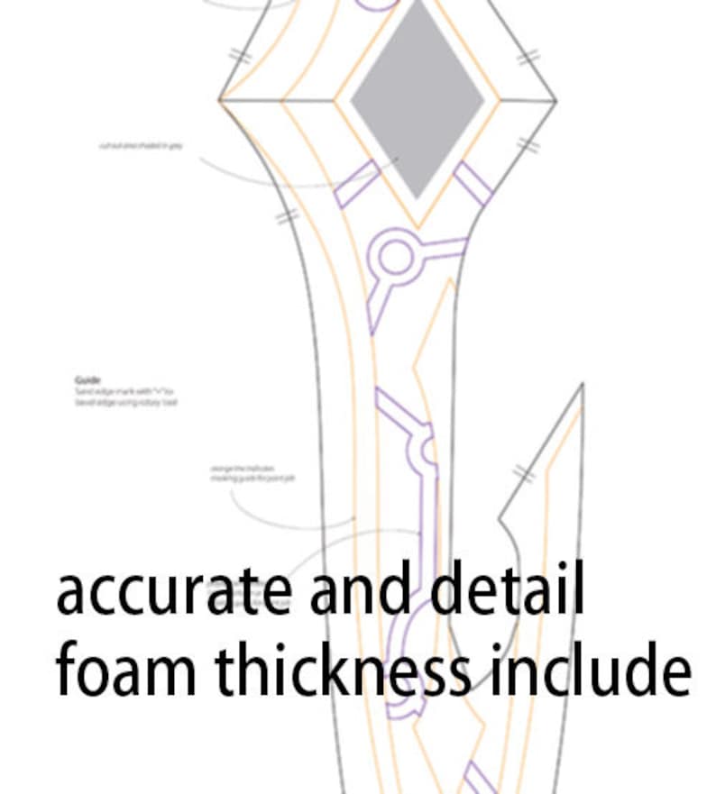 May include: Diagram of a sword-shaped foam prop with detailed instructions for cutting and assembly. The diagram includes measurements and notes for accurate construction.