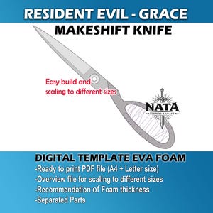 May include: Digital template for a Resident Evil Grace Makeshift Knife, designed for EVA foam crafting. The image shows a detailed illustration of the knife, with text indicating easy build and scaling options. Includes PDF file, scaling guide, foam thickness recommendations, and separated parts.