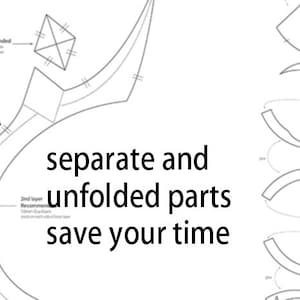 May include: A black and white diagram showing how to separate and unfold parts of a design. The text reads "separate and unfolded parts save your time".