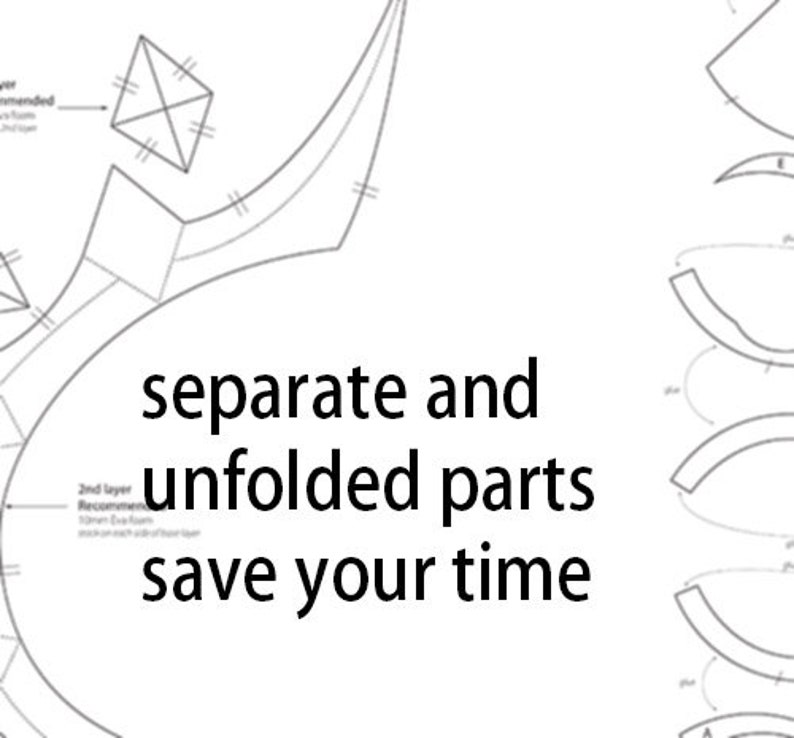 May include: A black and white diagram showing how to separate and unfold parts of a design. The text reads "separate and unfolded parts save your time".