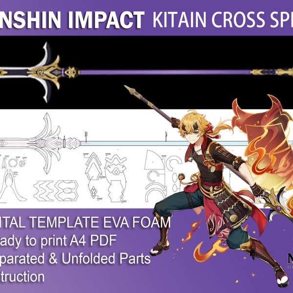 Genshin Impact Cosplay Prop - Kitain Cross Spear Digitale DIY sjabloon patroon blauwdruk, Thoma Polearm Lance