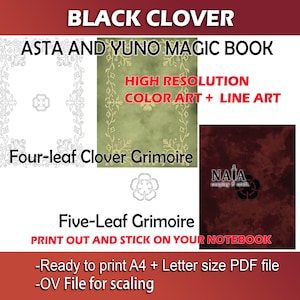 Puede incluir: Arte digital con libros de magia temáticos de "Black Clover". La imagen incluye texto: "Asta and Yuno Magic Book", "Four-leaf Clover Grimoire" y "Five-Leaf Grimoire". El arte es de alta resolución, color y arte lineal.