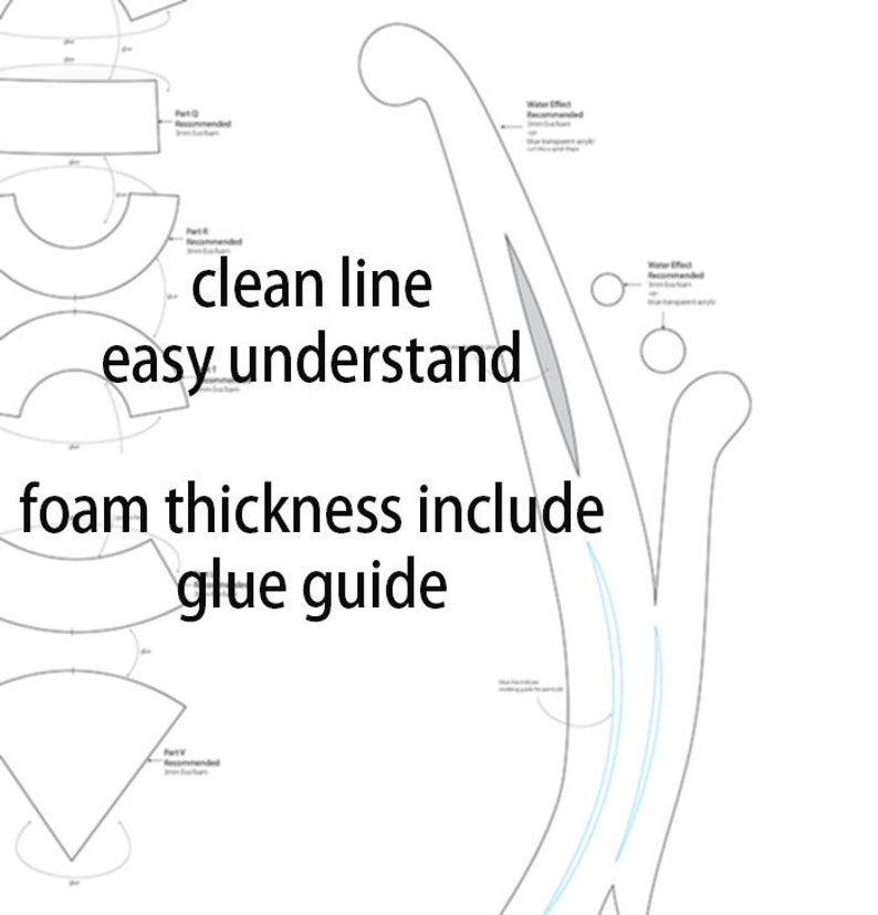Peut inclure: Un dessin au trait noir et blanc d'un projet d'artisanat avec des instructions de montage. Le dessin comprend un guide de collage et des mesures d'&eacute;paisseur de la mousse. Le texte "clean line easy understand foam thickness include glue guide" est &eacute;crit en noir.