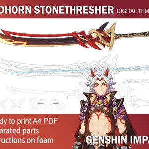 Peut inclure: Un modèle numérique pour une épée rouge et or appelée "Redhorn Stonethresher" du jeu vidéo Genshin Impact. Le modèle est prêt à être imprimé sur du papier A4 et comprend des instructions pour le travail du mousse.