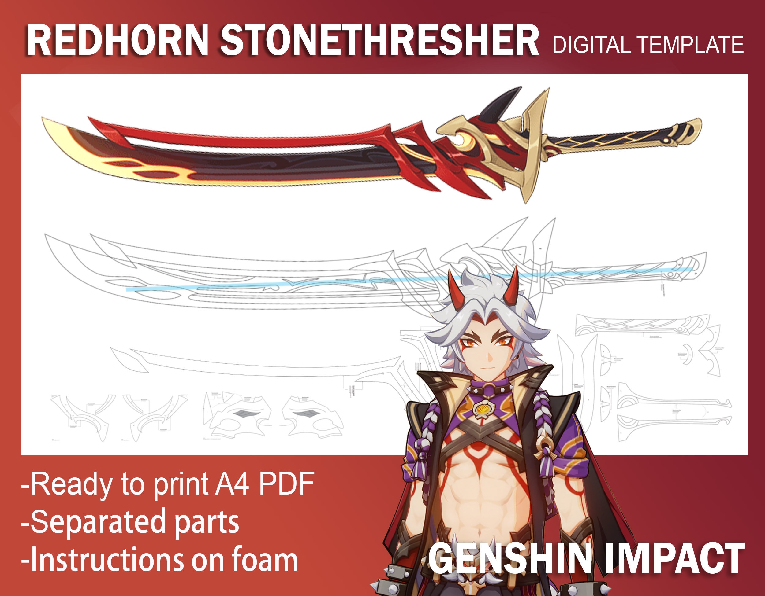 Genshin Impact Cosplay Prop - Redhorn Stonethresher, Plantilla de bricolaje digital Patrón plano EVA espuma Arataki Itto espada claymore