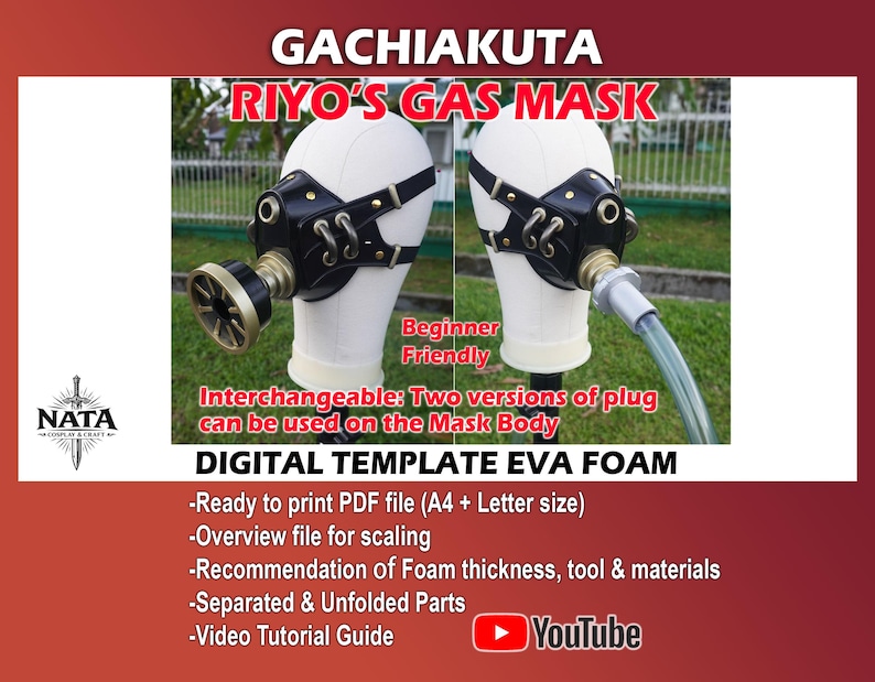 K&ouml;nnte beinhalten: Digitalvorlage f&uuml;r eine Gasmaske mit schwarzem und goldenem Design, dargestellt auf einem wei&szlig;en Schaufensterkopf. Das Bild enth&auml;lt Text: "GACHIAKUTA", "RIYO'S GAS MASK" und Details zur Vorlage, einschlie&szlig;lich eines YouTube-Tutorials.