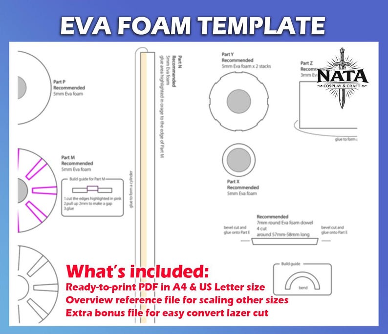 K&ouml;nnte beinhalten: Ein blau-wei&szlig;es Diagramm mit der Aufschrift "EVA FOAM TEMPLATE" mit verschiedenen kreisf&ouml;rmigen und geometrischen Formen, die mit Ma&szlig;en und Anweisungen versehen sind. Text enth&auml;lt "Ready-to-print PDF in A4 & US Letter size".