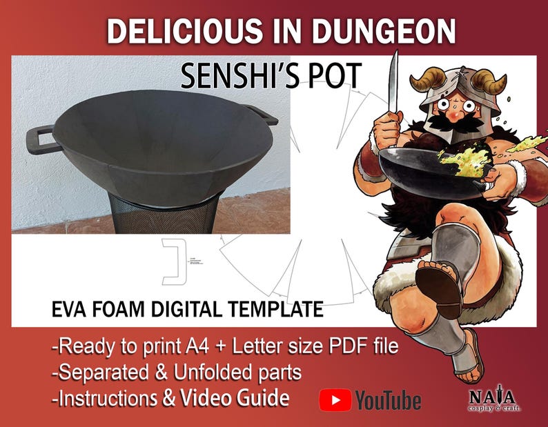 May include: A digital template for a Senshi's Pot, a black wok-like pot, from the Delicious in Dungeon manga series. The template is for use with EVA foam and includes instructions and a video guide. The template is ready to print in A4 or Letter size PDF format.