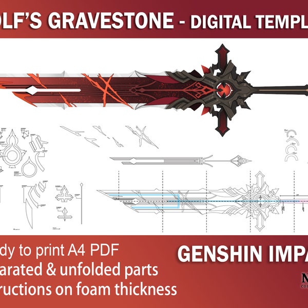 Genshin Auswirkungen Cosplay Prop - Wolfs Grabstein, Digitale DIY Vorlage Schnittmuster blueprint EVA Foam Diluc Rasiermesser Claymore Schwert