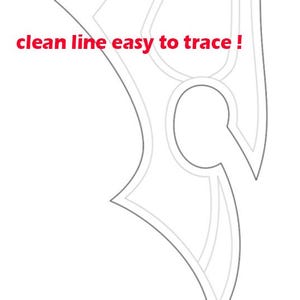 May include: A white background with a grey outline of a stylized design. The text "clean line easy to trace!" is in red at the top. The design has a curved shape with a circular element.