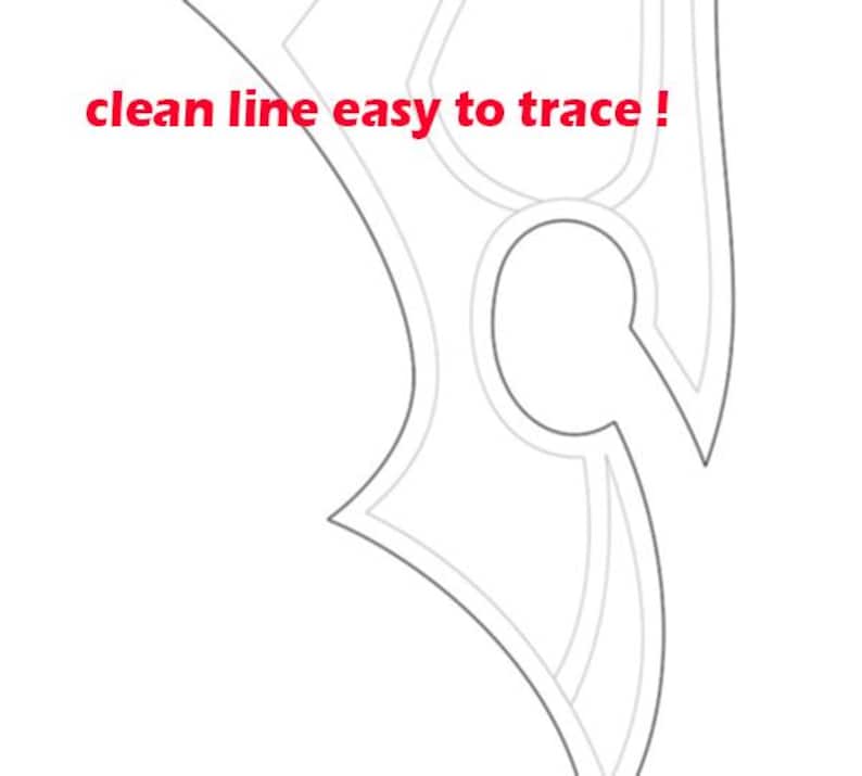 May include: A white background with a grey outline of a stylized design. The text "clean line easy to trace!" is in red at the top. The design has a curved shape with a circular element.