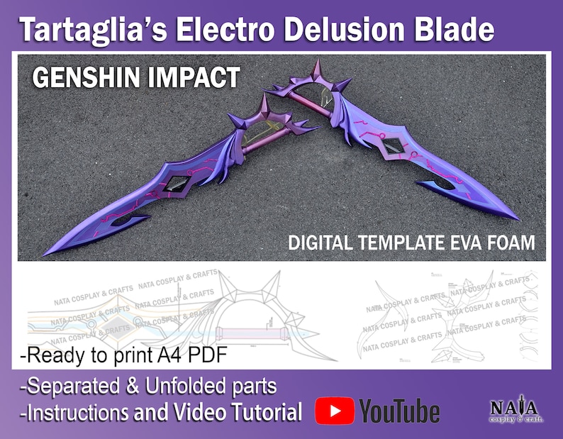 May include: A digital template for a purple and red sword from the video game Genshin Impact. The template is for use with EVA foam and is ready to print on A4 paper. The image also includes a YouTube logo and the text "NATA cosplay & craft."