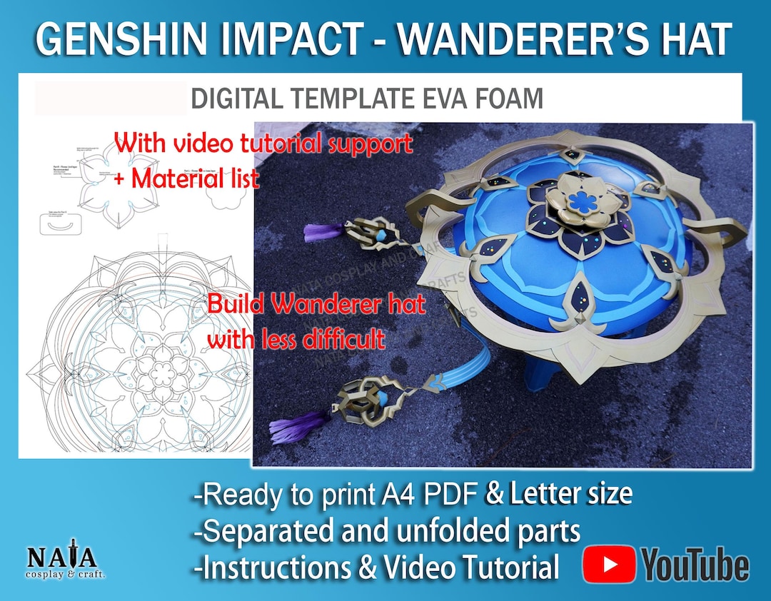 Genshin Impact Cosplay Prop Wanderer's Hat Digital DIY Template Pattern Blueprint PDF EVA Foam Scaramouche UK