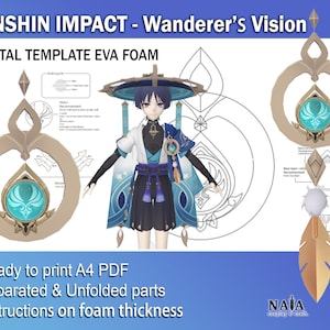 Op de afbeelding: Digitaal sjabloon voor een Wanderer's Vision uit Genshin Impact, gemaakt van EVA-schuim. Het sjabloon bevat instructies over de schuimdikte en is klaar om te printen op A4-papier. Het sjabloon is gescheiden en uitgevouwen voor eenvoudige montage.