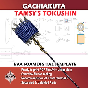 Puede incluir: Una plantilla digital para el Tokushin de Tamsy de Gachiakuta, que muestra un diseño de arma envuelta en cuerda azul con un mango dorado ornamentado. La imagen incluye diagramas técnicos, etiquetas de texto y el logo de Nata Cosplay & Craft.