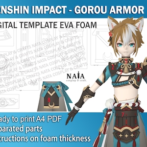 May include: A digital template for a Gorou armor cosplay, made with EVA foam. The template includes instructions on foam thickness and is ready to print on A4 paper. The template is separated into different parts for easy assembly.