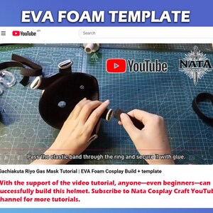 K&ouml;nnte beinhalten: Ein schwarzes EVA-Schaumstoffmaske wird zusammengebaut, mit angebrachten Riemen. Der Text "EVA FOAM TEMPLATE" und "Gachiakuta Riyo Gas Mask Tutorial | EVA Foam Cosplay Build + template" ist sichtbar. Das YouTube-Logo ist ebenfalls zu sehen.