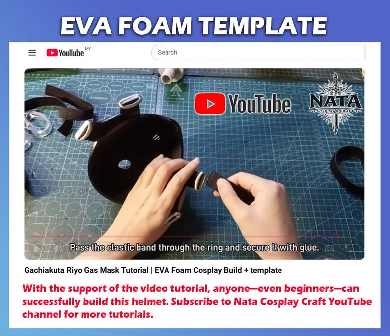 K&ouml;nnte beinhalten: Ein schwarzes EVA-Schaumstoffmaske wird zusammengebaut, mit angebrachten Riemen. Der Text "EVA FOAM TEMPLATE" und "Gachiakuta Riyo Gas Mask Tutorial | EVA Foam Cosplay Build + template" ist sichtbar. Das YouTube-Logo ist ebenfalls zu sehen.