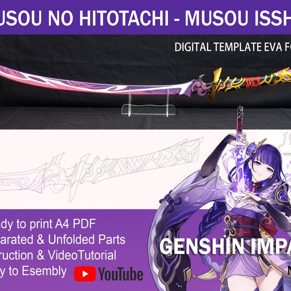 Genshin Impact Cosplay Prop - Musou no Hitotachi, Musou Isshin, booba sword, DIY Digital Template Pattern blueprint, Baal Raiden Shogun Ei