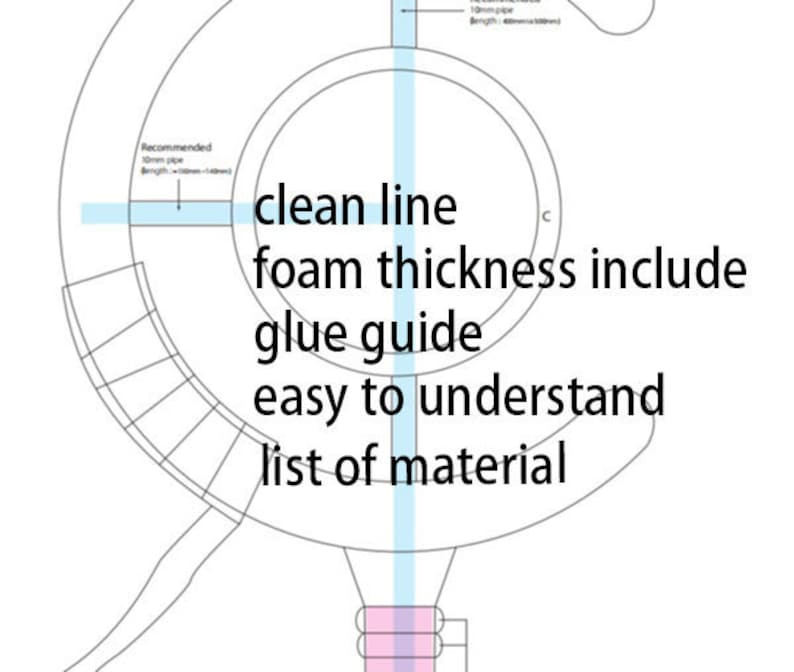May include: A technical diagram featuring a circular outline with internal pipe measurements, including text that reads: clean line, foam thickness include, glue guide, easy to understand, list of material. The graphic shows 10mm pipe specifications.