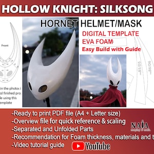 以下が含まれることがあります： Hollow Knight: Silksongのホーネットヘルメット/マスクのEVAフォーム製デジタルテンプレート。画像には、技術的な線画、黒い目の切り抜きがある白い完成マスク、赤いマントを羽織ってマスクを着用した人物が写っています。