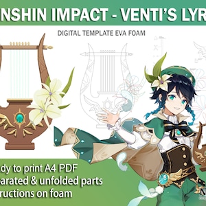 Peut inclure: Un modèle numérique pour une lyre du jeu vidéo Genshin Impact. Le modèle est pour la lyre de Venti, un instrument de type harpe avec un corps en bois brun et des accents dorés. Le modèle est conçu pour être imprimé sur du papier A4 et assemblé à l'aide de mousse EVA.