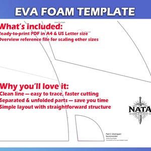 May include: A blue and white graphic for an EVA foam template. The text includes "EVA FOAM TEMPLATE", "What's included: Ready-to-print PDF in A4 & US Letter size", and "Why you'll love it: Clean line - easy to trace, faster cutting". The NATA Cosplay & Craft logo is also visible.