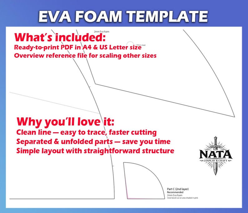 May include: A blue and white graphic for an EVA foam template. The text includes "EVA FOAM TEMPLATE", "What's included: Ready-to-print PDF in A4 & US Letter size", and "Why you'll love it: Clean line - easy to trace, faster cutting". The NATA Cosplay & Craft logo is also visible.
