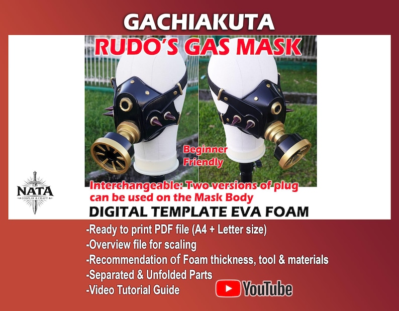 May include: A black and gold gas mask with a spiked design, displayed on a mannequin head. The mask has a round filter and is labeled "Rudo's Gas Mask." Text on the image indicates it's a digital template for EVA foam.