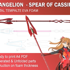 Puede incluir: Una plantilla digital para una lanza roja de Cassius de la serie de anime Evangelion. La plantilla está diseñada para imprimirse en papel A4 y ensamblarse con espuma EVA. La plantilla incluye instrucciones sobre el grosor de la espuma y está separada en partes desplegadas.