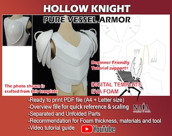 May include: White EVA foam Pure Vessel armor from Hollow Knight, displayed on a mannequin. The image includes a digital template with the text "Beginner Friendly Tutorial support+" and "DIGITAL TEMPLATE EVA FOAM". The photo is crafted from this template.