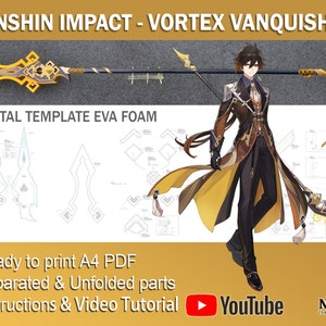 Könnte beinhalten: Digitale Vorlage für eine gelbe und schwarze Speer-Requisite mit der Aufschrift "Genshin Impact - Vortex Vanquisher". Die Vorlage ist für die Verwendung mit EVA-Schaumstoff und enthält Anweisungen und ein Video-Tutorial. Das Bild zeigt auch einen Charakter aus dem Spiel, der den Speer hält.