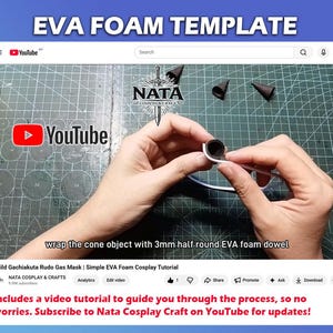 May include: A YouTube video titled "EVA FOAM TEMPLATE" shows a tutorial on crafting a gas mask. The video demonstrates wrapping a cone object with 3mm half-round EVA foam dowel. The video includes a tutorial to guide the viewer through the process.