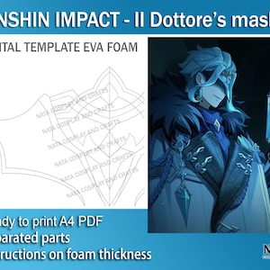 Puede incluir: Una plantilla digital para una máscara del videojuego Genshin Impact. La plantilla es para un personaje llamado Dottore y está hecha de espuma EVA. La plantilla está lista para imprimir en papel A4 e incluye instrucciones sobre el grosor de la espuma.