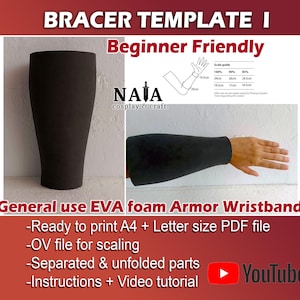 May include: A digital download template for a black EVA foam wristband. The template is ready to print in A4 or Letter size PDF format. It includes an OV file for scaling, separated and unfolded parts, instructions, and a video tutorial. The image also shows a scale guide for sizing the wristband.
