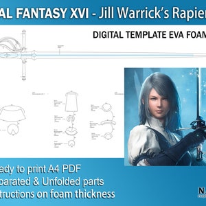 May include: A digital template for a rapier from the video game Final Fantasy XVI. The template is for use with EVA foam and is ready to print on A4 paper. The template includes instructions on foam thickness and is separated into unfolded parts.