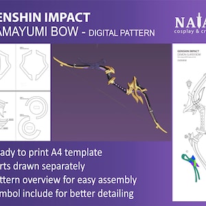 May include: A digital pattern for a Hamayumi bow from the video game Genshin Impact. The pattern is ready to print on A4 paper and includes separate parts for easy assembly. The pattern also includes symbols for better detailing.