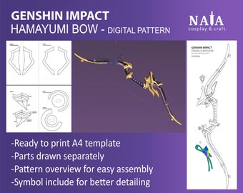 Genshin Impact Cosplay Prop - Hamayumi Bow, DIY Template Pattern blueprints EVA foam,  Kujou Sara Yoimiya