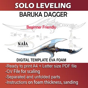 Może przedstawiać: Cyfrowy szablon do stworzenia Baruka Daggera z anime Solo Leveling. Szablon jest przeznaczony do użycia z pianką EVA i jest przyjazny dla początkujących. Szablon zawiera instrukcje dotyczące grubości pianki i szlifowania.