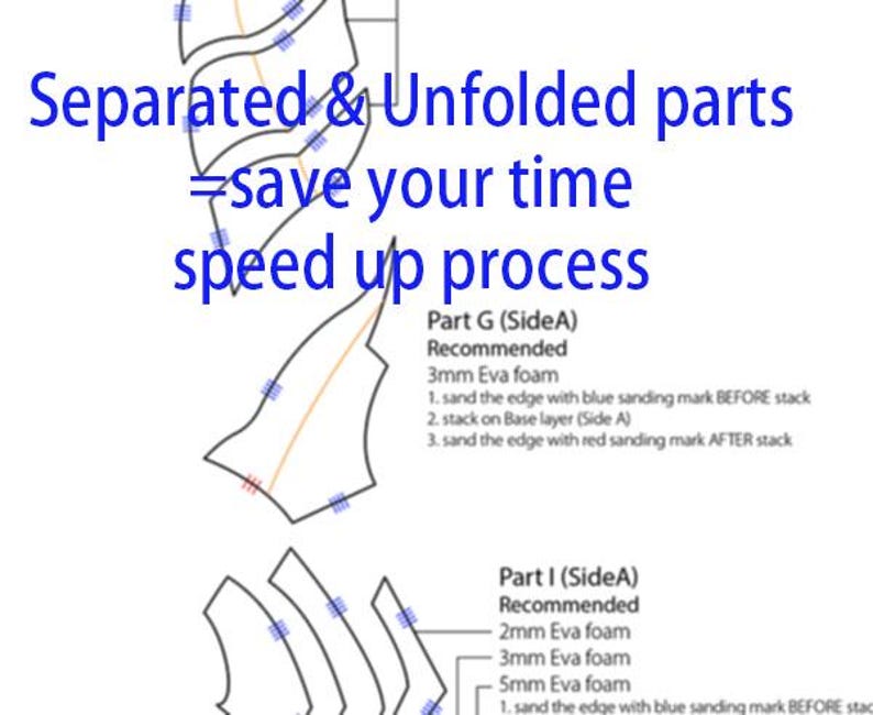 May include: Diagram showing how to separate and unfold parts of a project to save time and speed up the process. The diagram shows two parts, labelled Part G and Part I, with instructions for sanding the edges with blue and red sanding marks before and after stacking.
