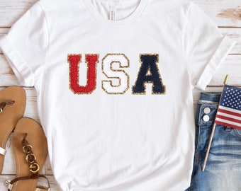 Lindo diseño de camisa de EE. UU. / EE. UU. / Letras de parche coloridas / Letras universitarias / Diseño de letras de chenilla sintética