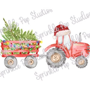 Red Tractor Christmas Design - Tree and Lights ~ Christmas Sublimation Design Template