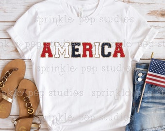 Lindo diseño de camisa de EE. UU. / AMÉRICA / Letras de parches coloridos / Letras del equipo universitario / Diseño de letras de chenilla falsa