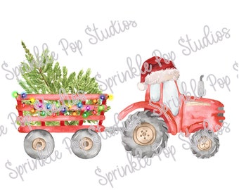 Red Tractor Christmas Design - Tree and Lights ~ Christmas Sublimation Design Template