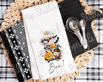 Halloween Flour Sack Towel Design ~  Farmhouse Halloween Tiered Tray  ~ Halloween Tiered Tray