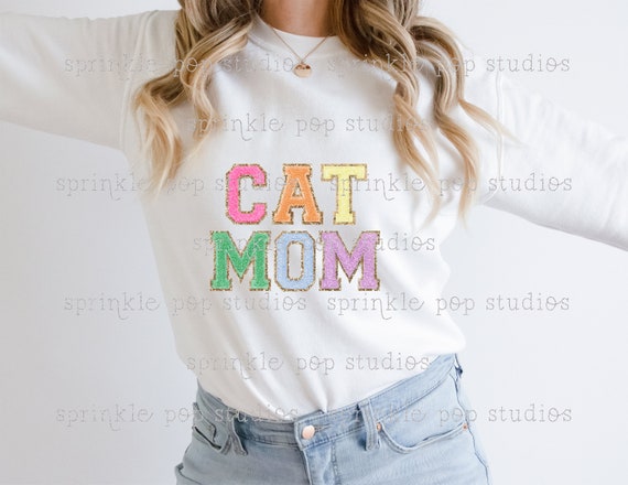 Cat Mom Shirt Design | Cat Mom Design | Colorful Patch Letters | Varsity Letters | Faux Chenille Letters | Cat design