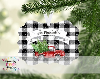 Buffalo Plaid B+W Ornament Design - Red Truck with Christmas Tree ~ Ornament Sublimation Design Template ~ Custom Family Name and Date